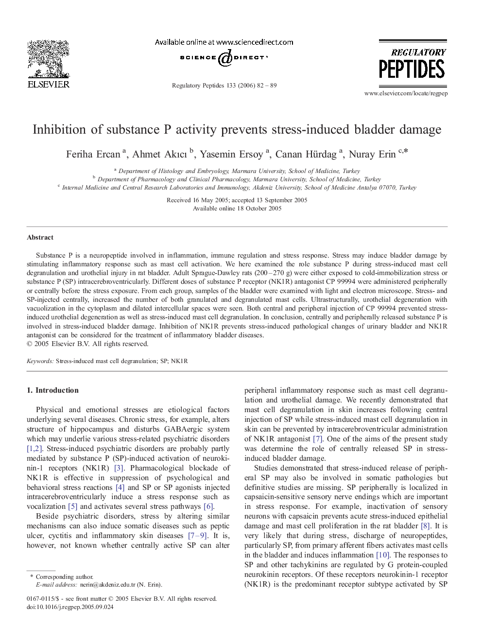 Inhibition of substance P activity prevents stress-induced bladder damage