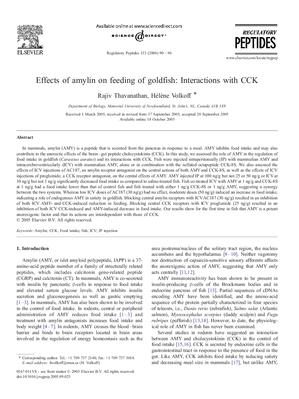 Effects of amylin on feeding of goldfish: Interactions with CCK