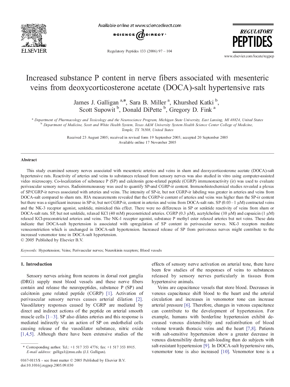 Increased substance P content in nerve fibers associated with mesenteric veins from deoxycorticosterone acetate (DOCA)-salt hypertensive rats