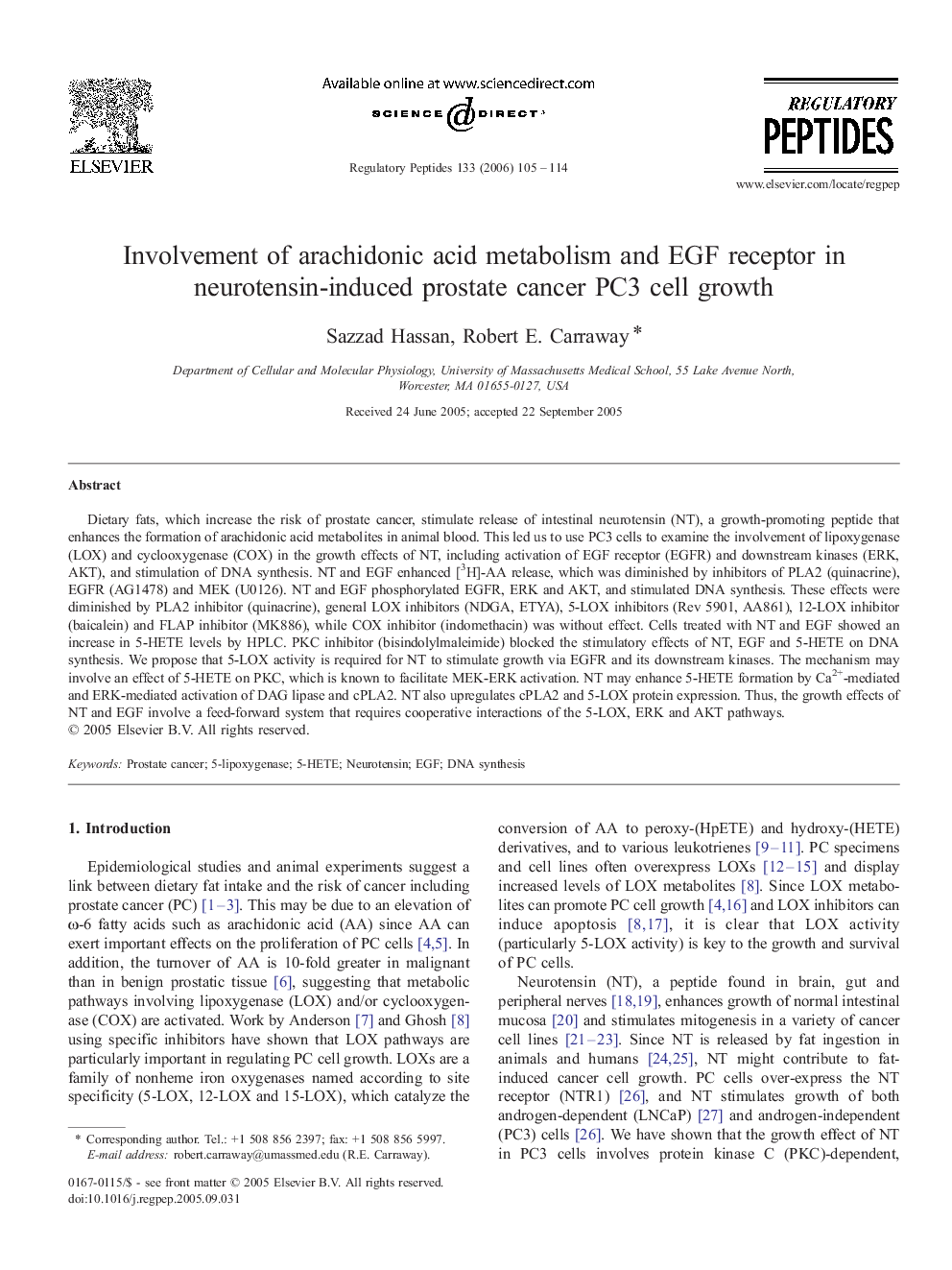 Involvement of arachidonic acid metabolism and EGF receptor in neurotensin-induced prostate cancer PC3 cell growth