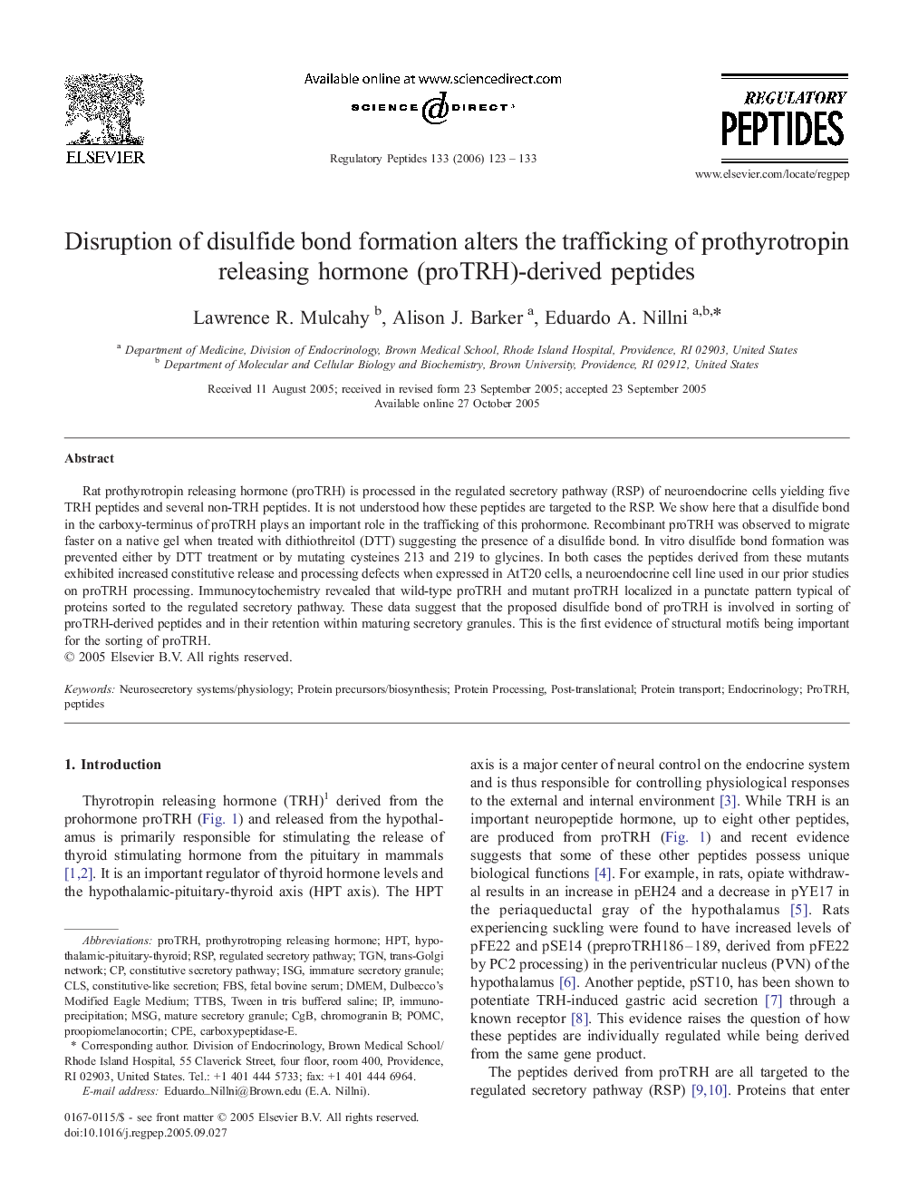 Disruption of disulfide bond formation alters the trafficking of prothyrotropin releasing hormone (proTRH)-derived peptides