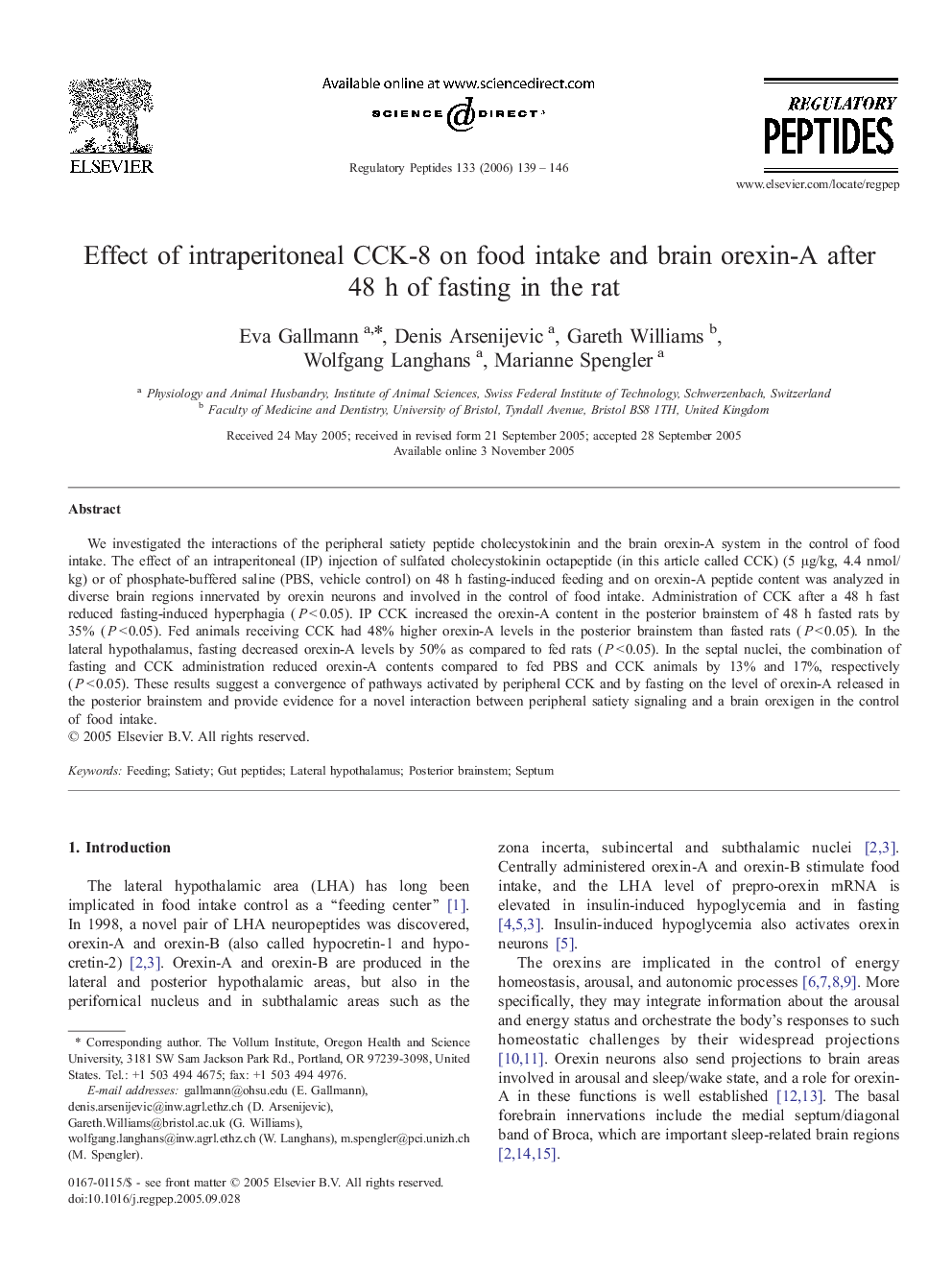 Effect of intraperitoneal CCK-8 on food intake and brain orexin-A after 48 h of fasting in the rat