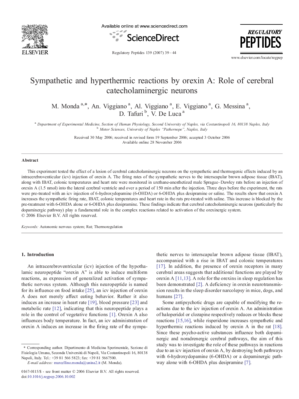 Sympathetic and hyperthermic reactions by orexin A: Role of cerebral catecholaminergic neurons