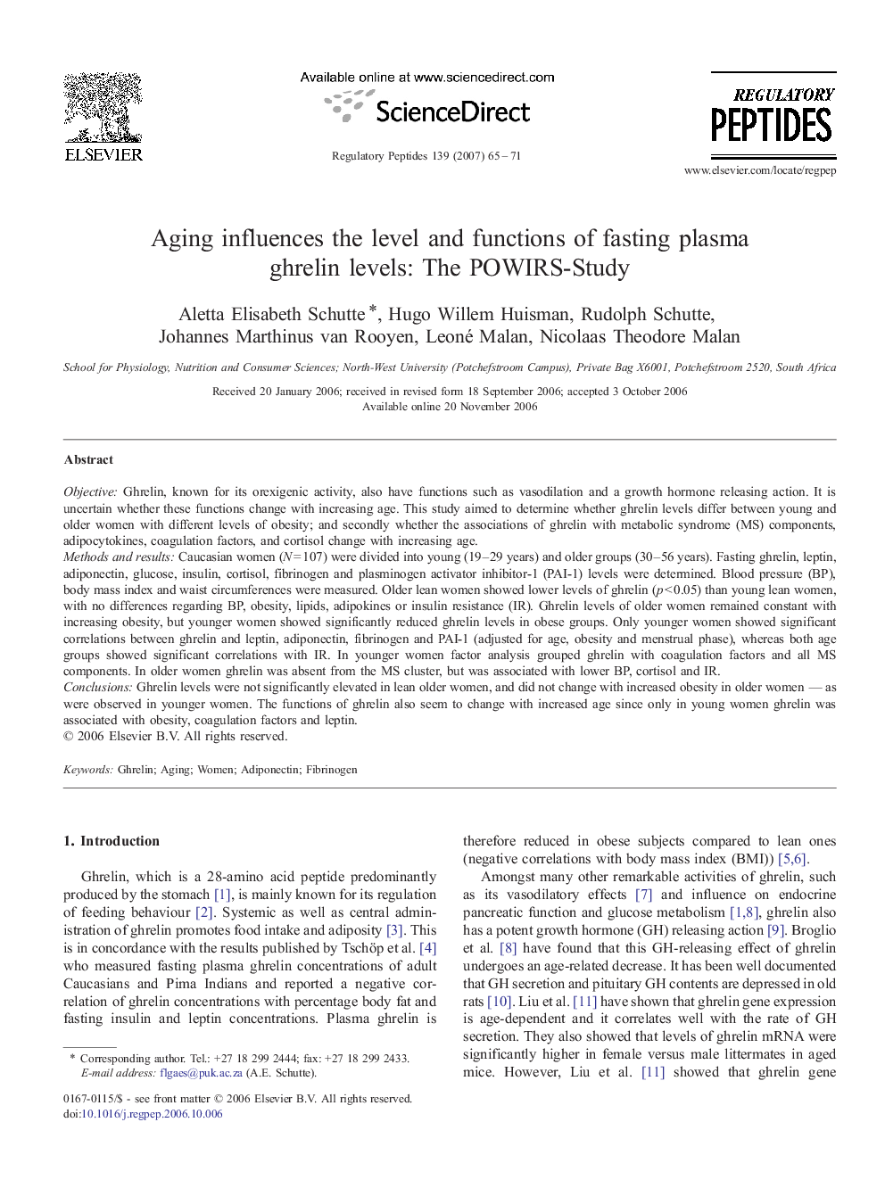 Aging influences the level and functions of fasting plasma ghrelin levels: The POWIRS-Study