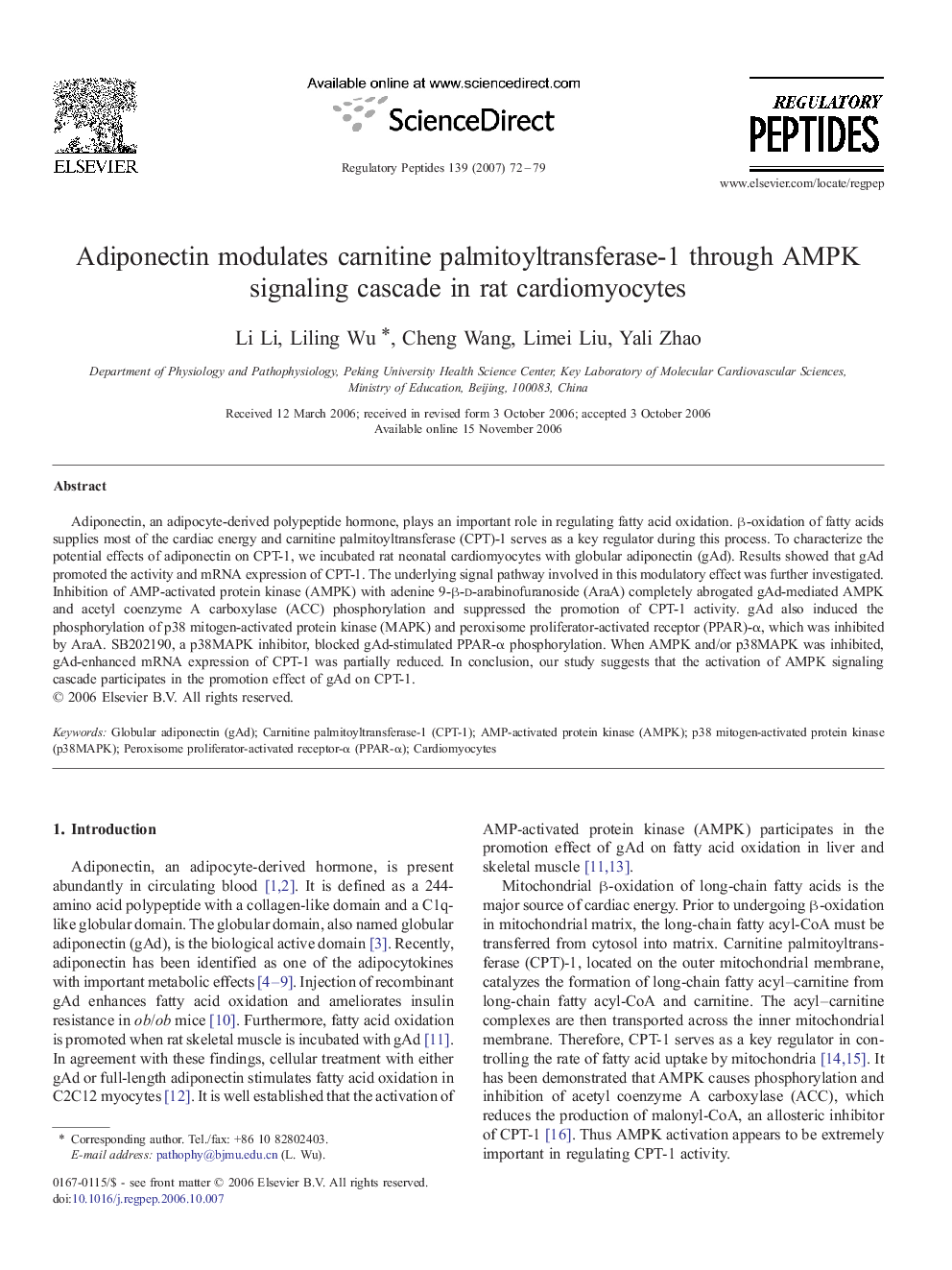 Adiponectin modulates carnitine palmitoyltransferase-1 through AMPK signaling cascade in rat cardiomyocytes