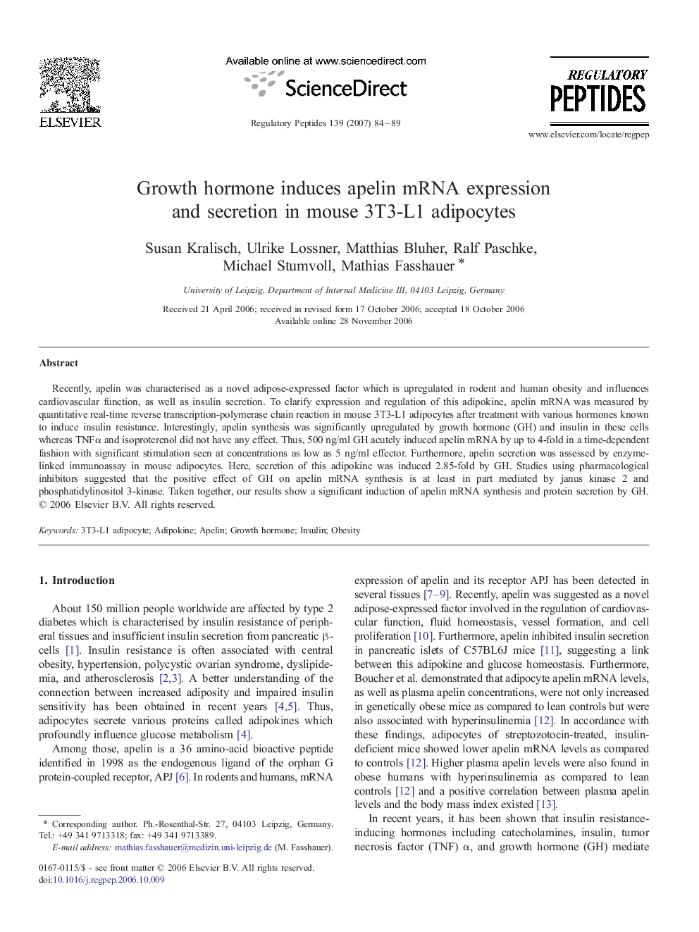 Growth hormone induces apelin mRNA expression and secretion in mouse 3T3-L1 adipocytes