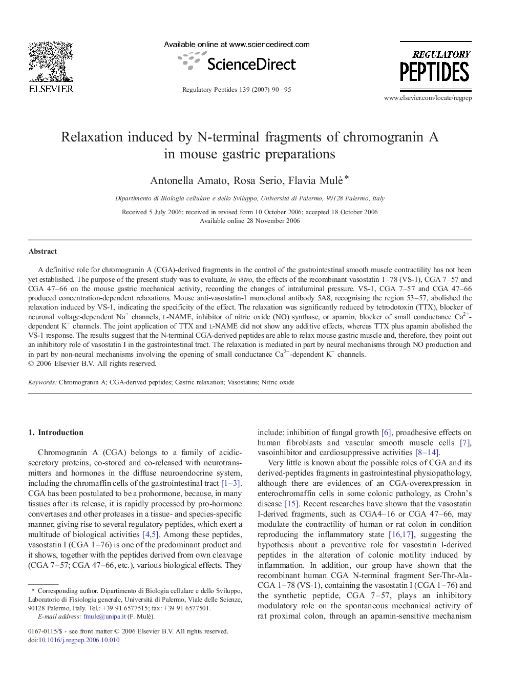 Relaxation induced by N-terminal fragments of chromogranin A in mouse gastric preparations