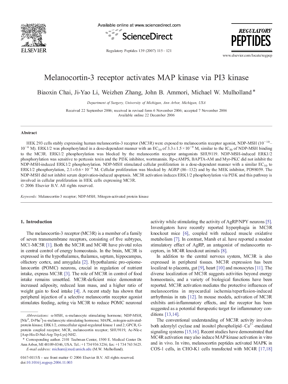 Melanocortin-3 receptor activates MAP kinase via PI3 kinase