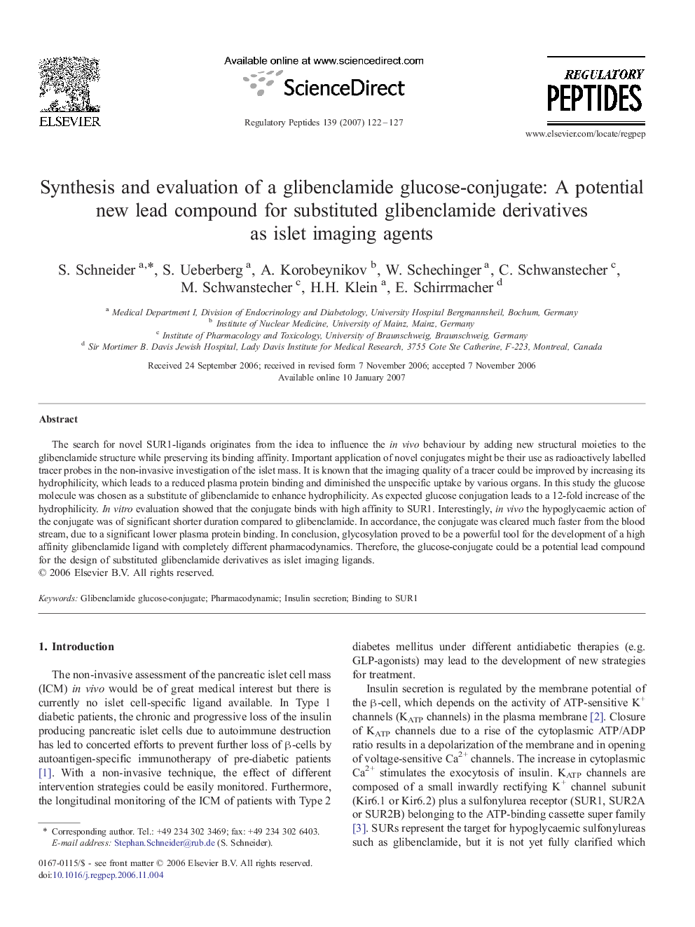 Synthesis and evaluation of a glibenclamide glucose-conjugate: A potential new lead compound for substituted glibenclamide derivatives as islet imaging agents