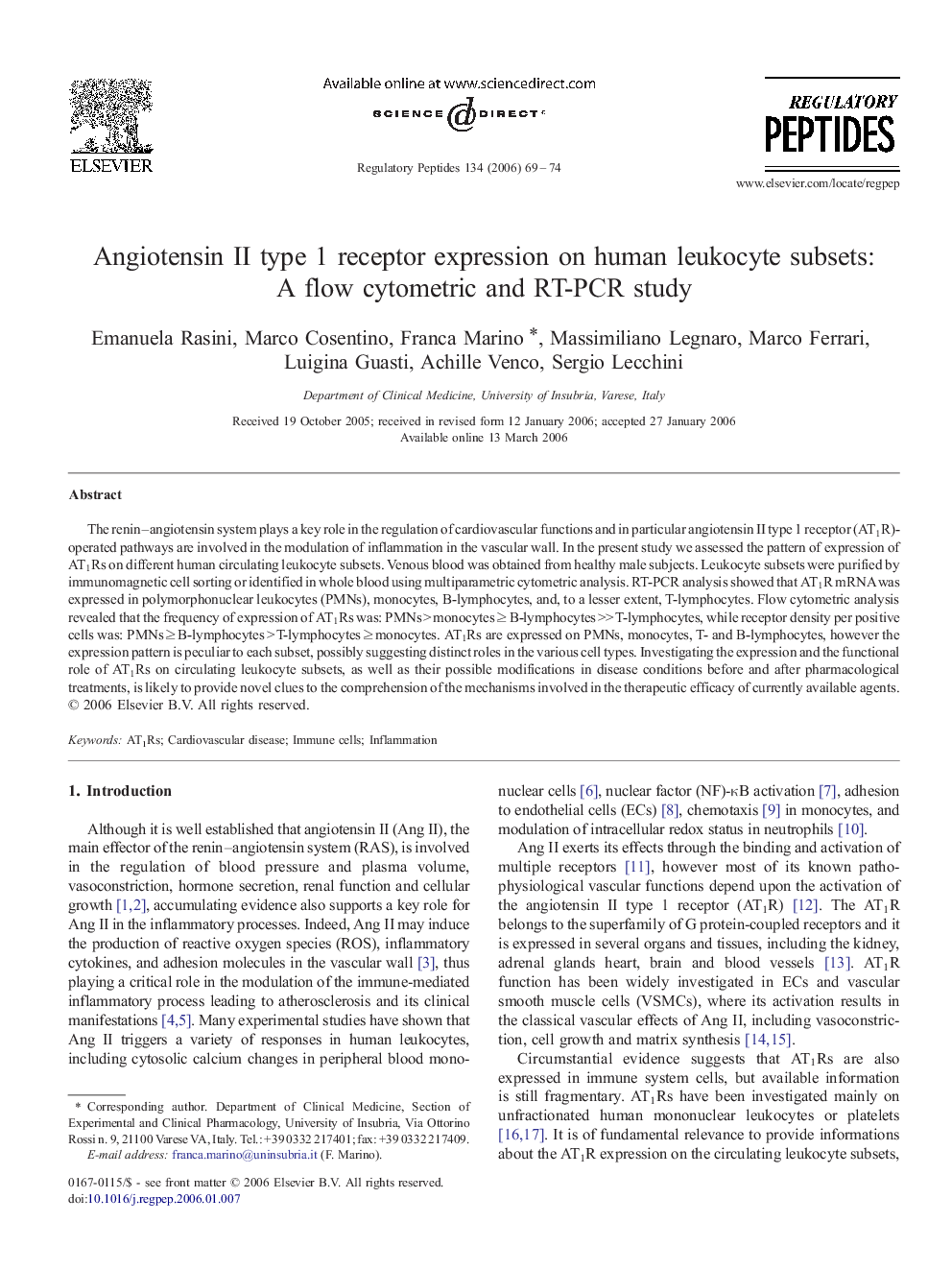 Angiotensin II type 1 receptor expression on human leukocyte subsets: A flow cytometric and RT-PCR study