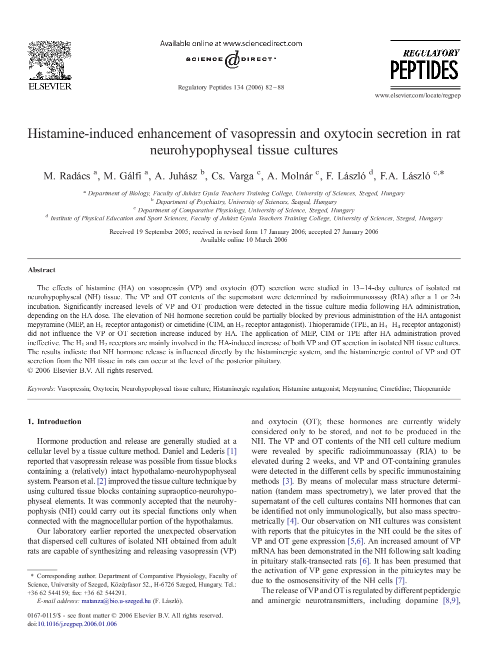 Histamine-induced enhancement of vasopressin and oxytocin secretion in rat neurohypophyseal tissue cultures