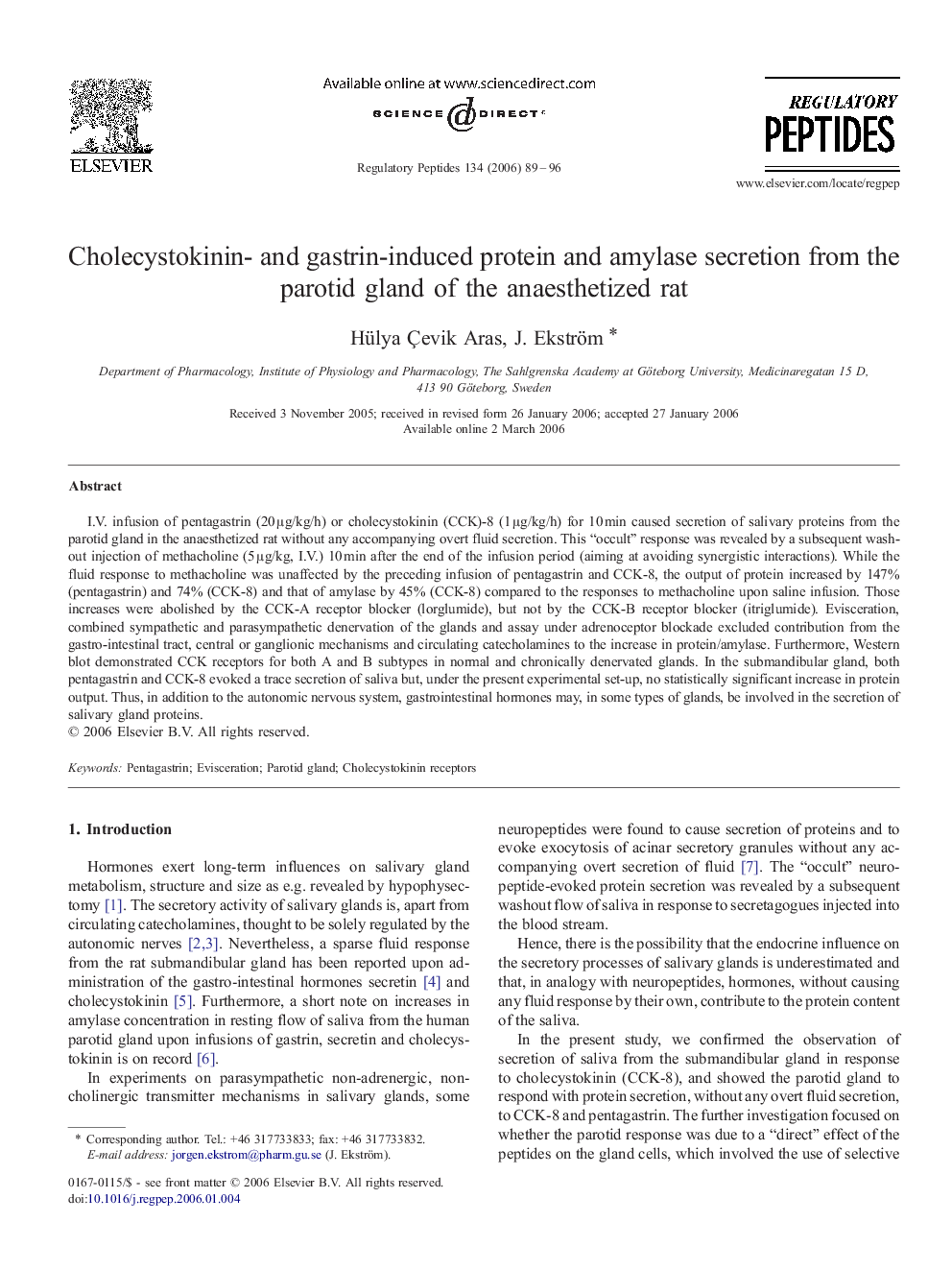 Cholecystokinin- and gastrin-induced protein and amylase secretion from the parotid gland of the anaesthetized rat