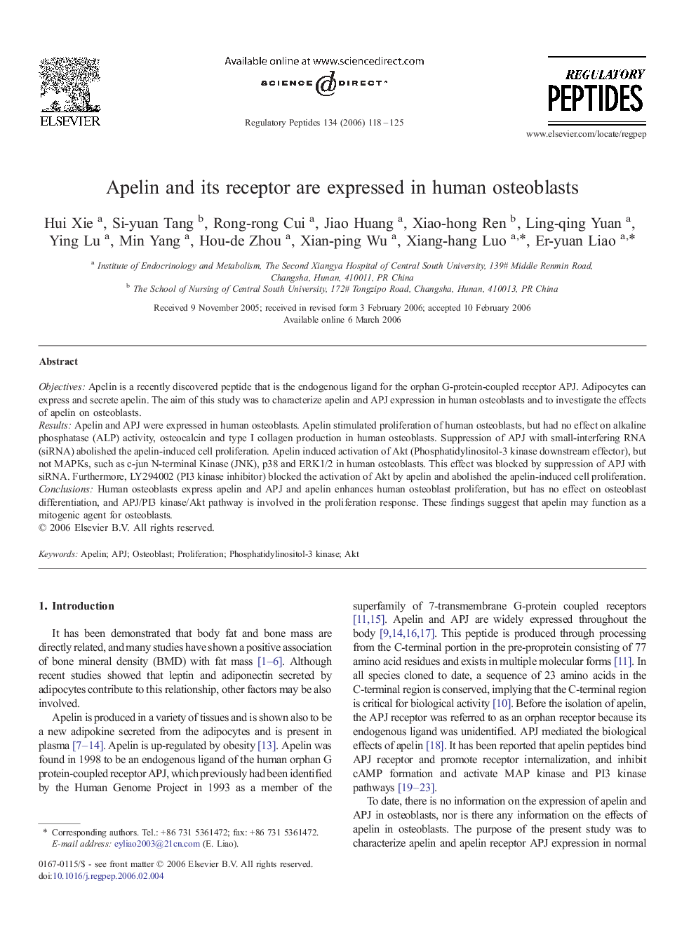 Apelin and its receptor are expressed in human osteoblasts