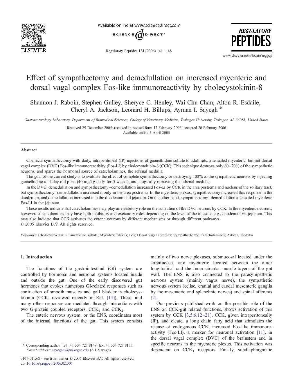 Effect of sympathectomy and demedullation on increased myenteric and dorsal vagal complex Fos-like immunoreactivity by cholecystokinin-8