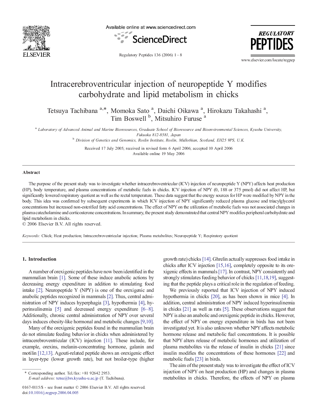 Intracerebroventricular injection of neuropeptide Y modifies carbohydrate and lipid metabolism in chicks