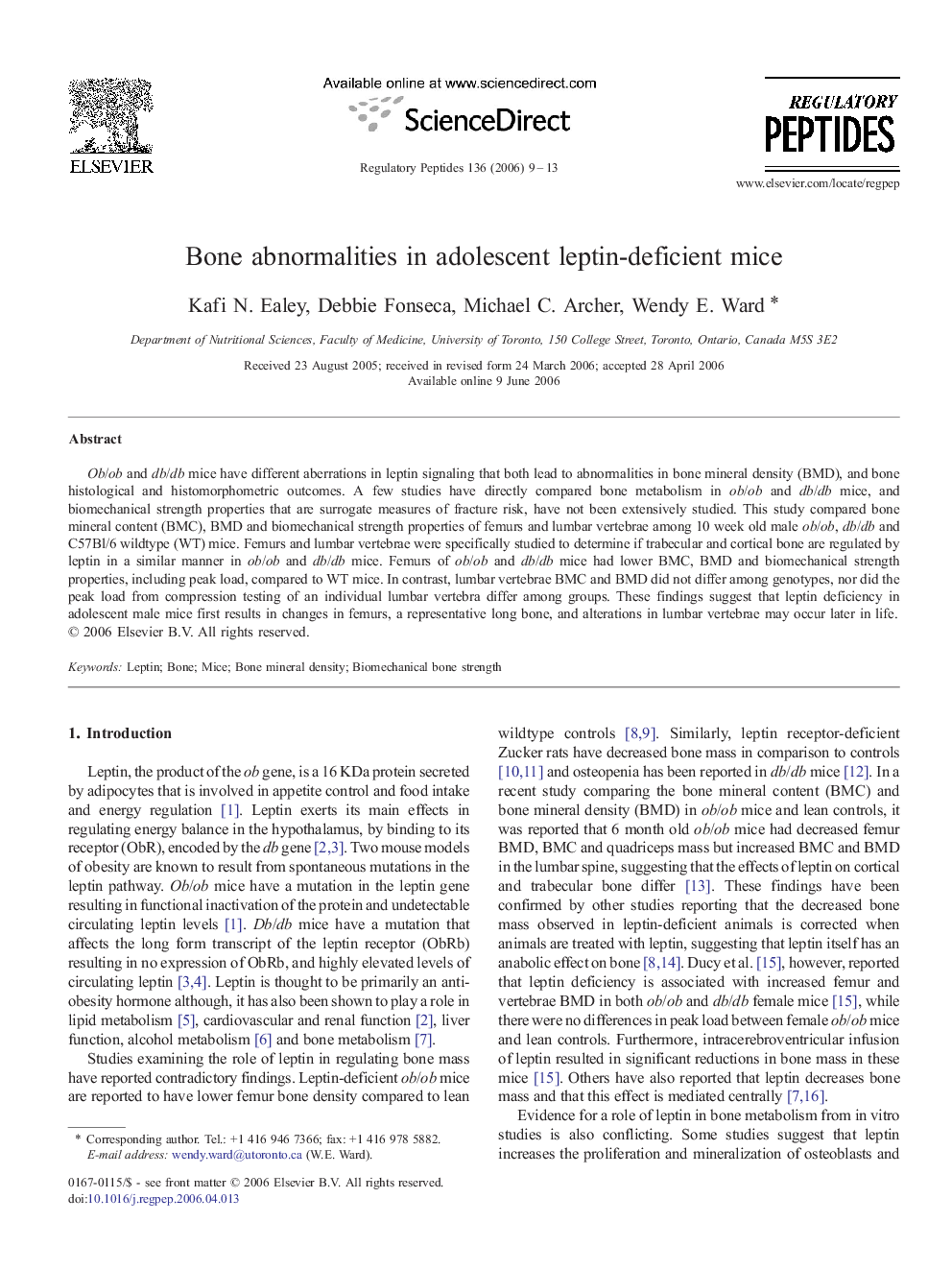 Bone abnormalities in adolescent leptin-deficient mice