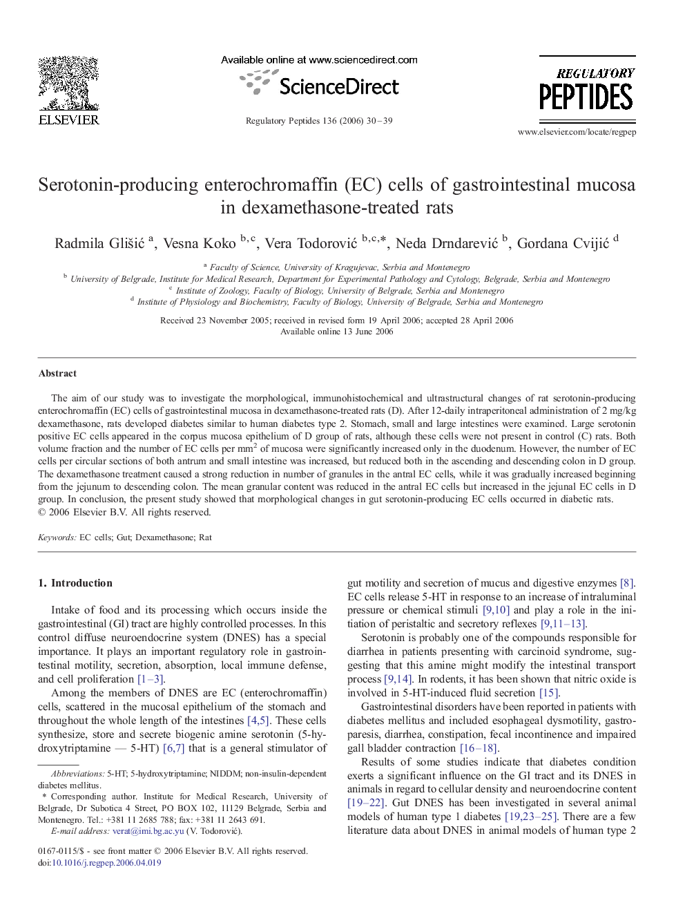 Serotonin-producing enterochromaffin (EC) cells of gastrointestinal mucosa in dexamethasone-treated rats