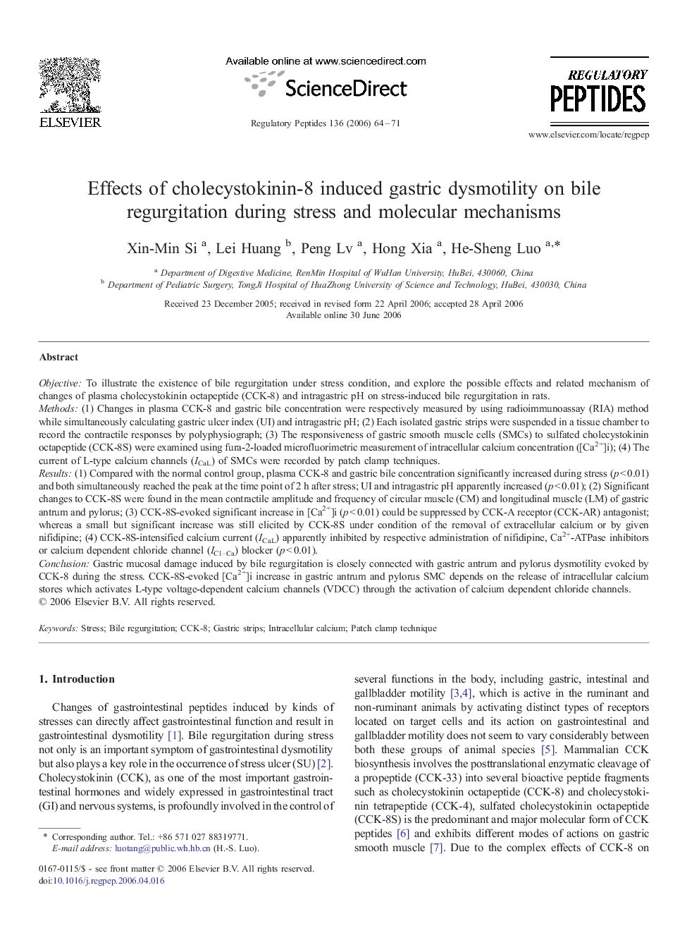 Effects of cholecystokinin-8 induced gastric dysmotility on bile regurgitation during stress and molecular mechanisms