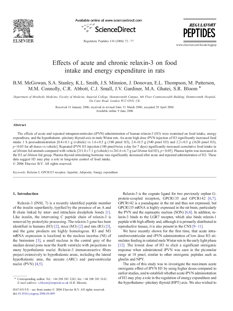 Effects of acute and chronic relaxin-3 on food intake and energy expenditure in rats