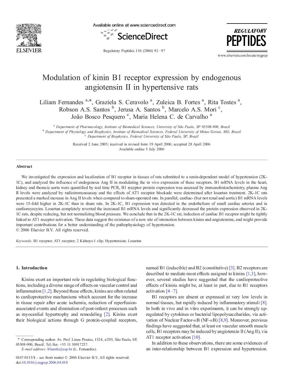 Modulation of kinin B1 receptor expression by endogenous angiotensin II in hypertensive rats