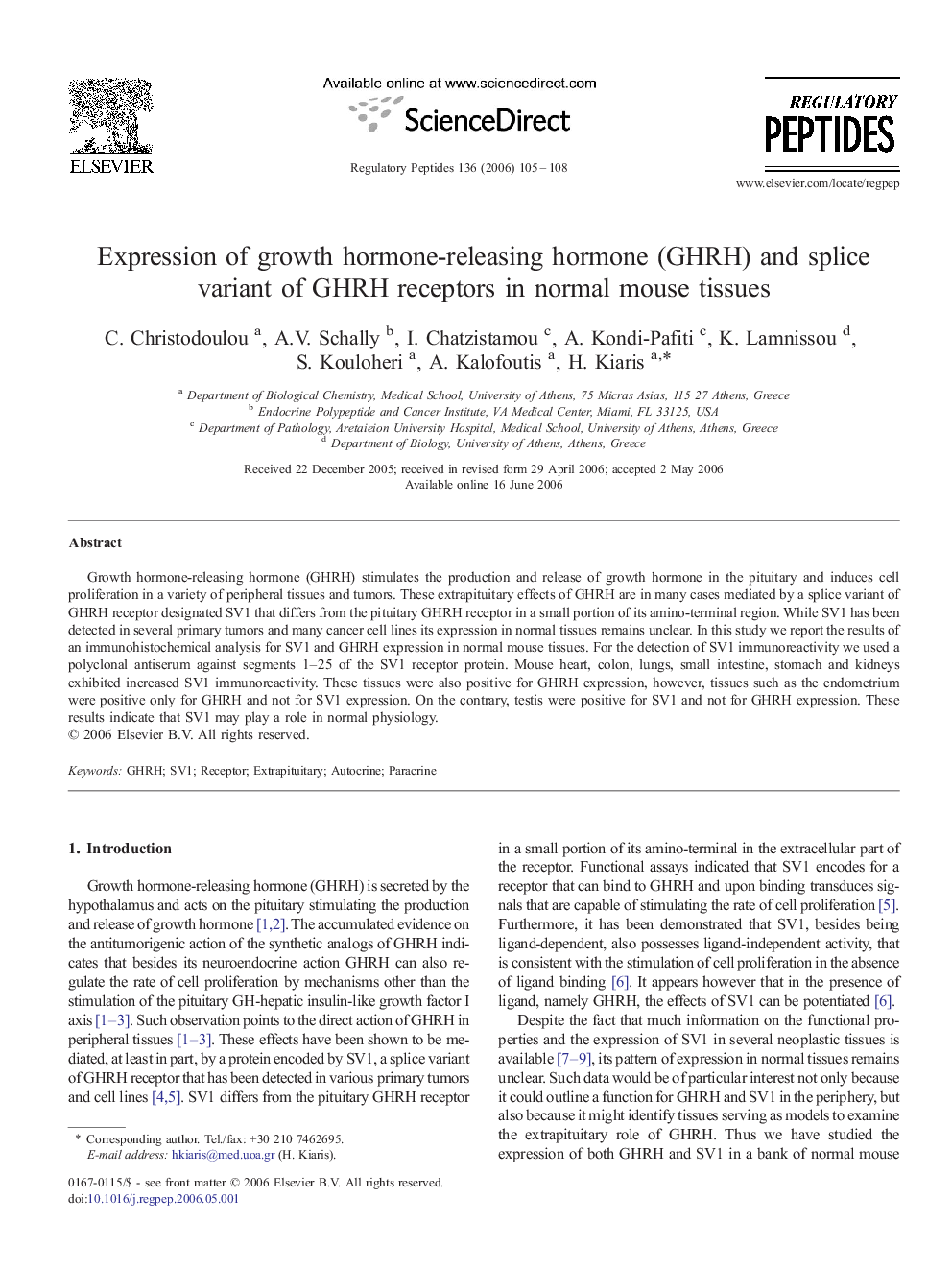 Expression of growth hormone-releasing hormone (GHRH) and splice variant of GHRH receptors in normal mouse tissues