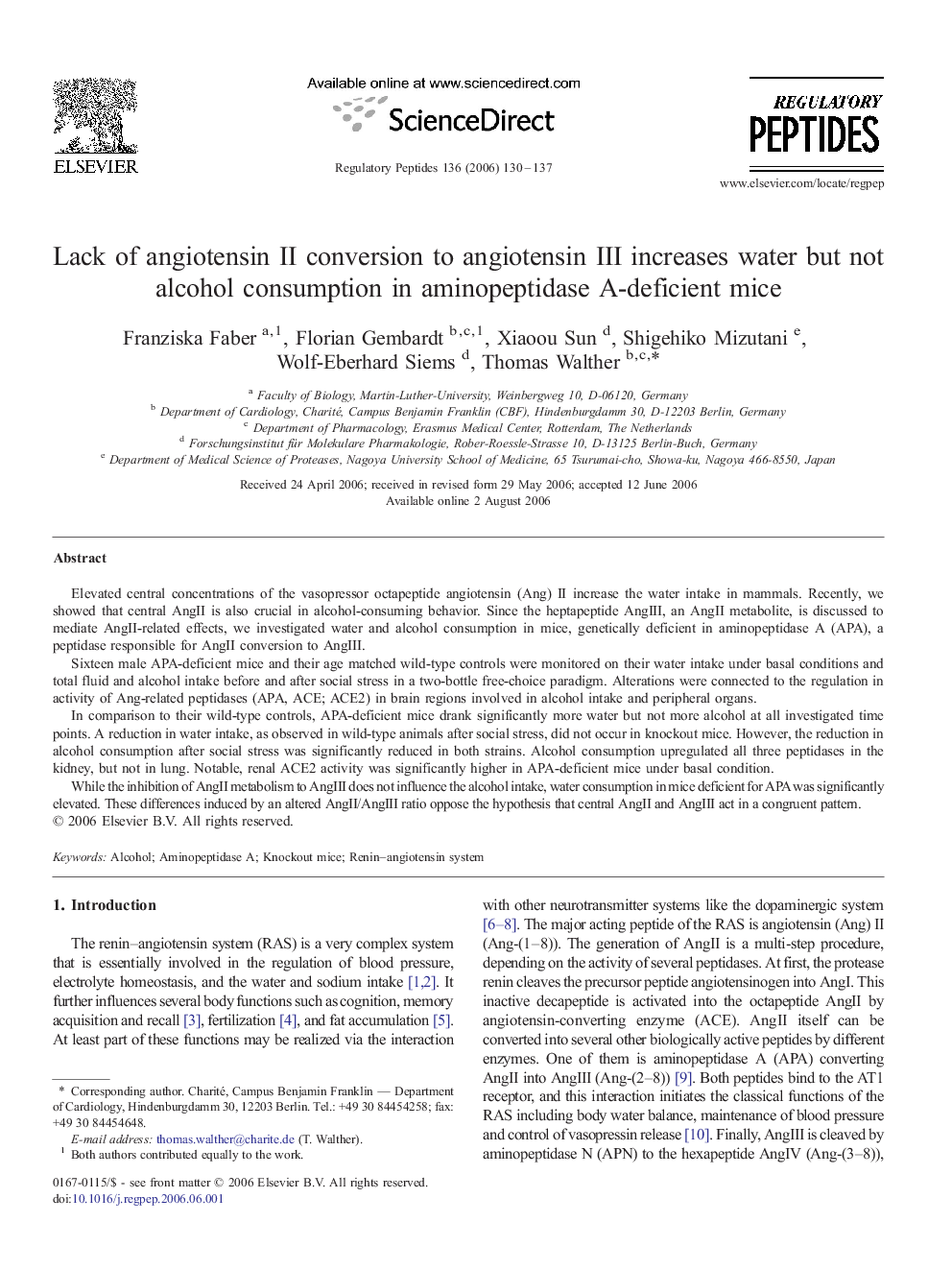 Lack of angiotensin II conversion to angiotensin III increases water but not alcohol consumption in aminopeptidase A-deficient mice