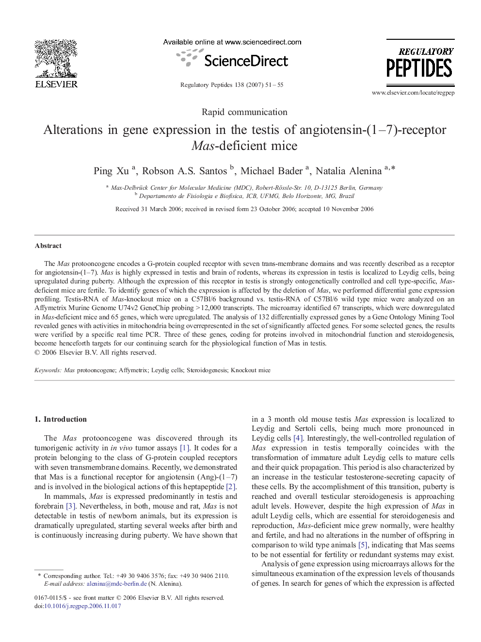 Alterations in gene expression in the testis of angiotensin-(1–7)-receptor Mas-deficient mice