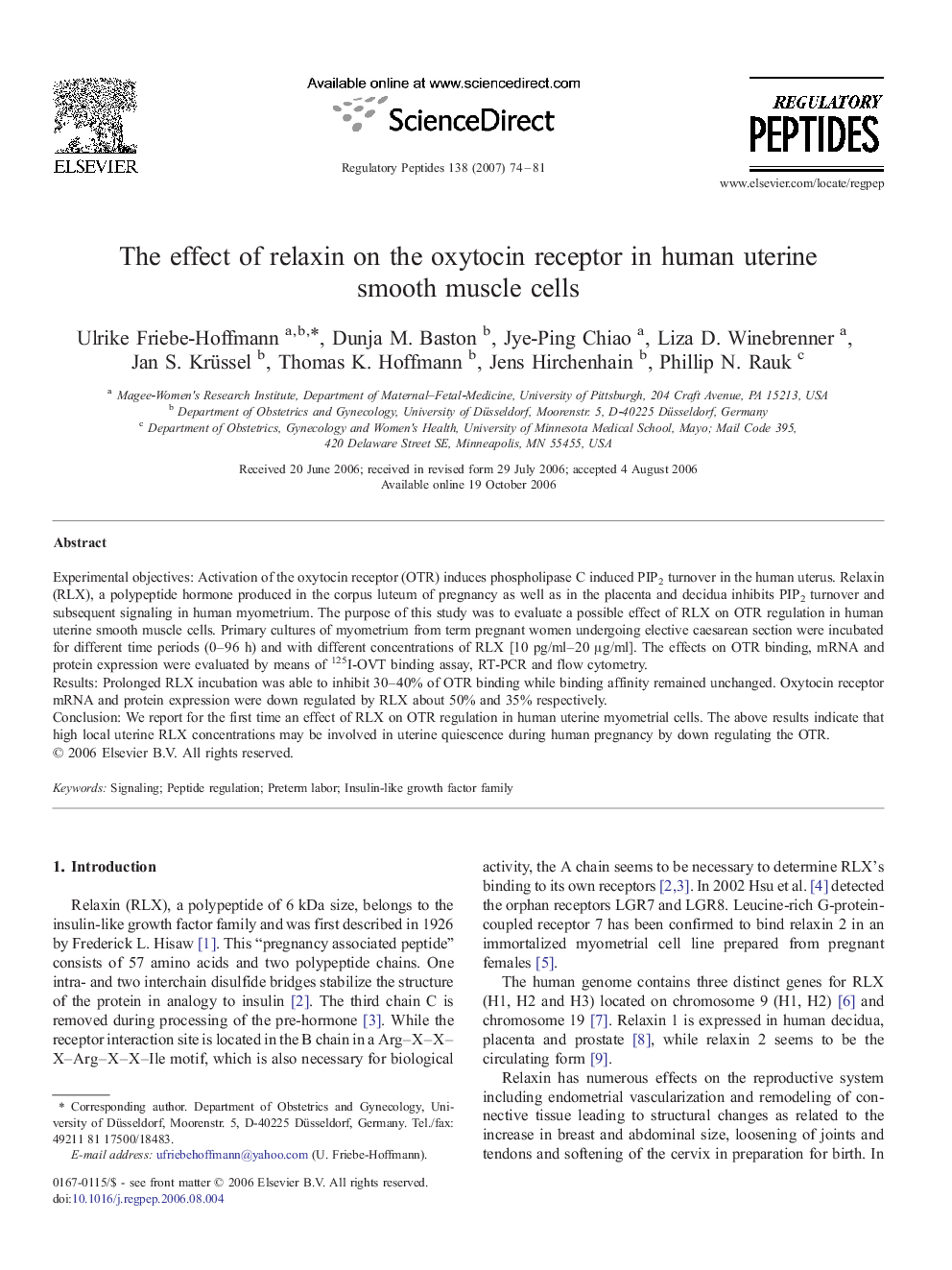 The effect of relaxin on the oxytocin receptor in human uterine smooth muscle cells