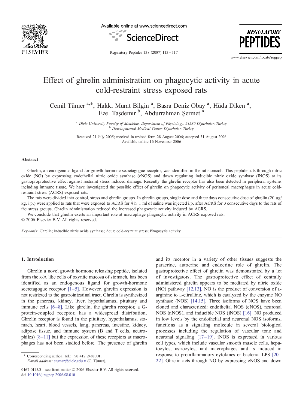 Effect of ghrelin administration on phagocytic activity in acute cold-restraint stress exposed rats