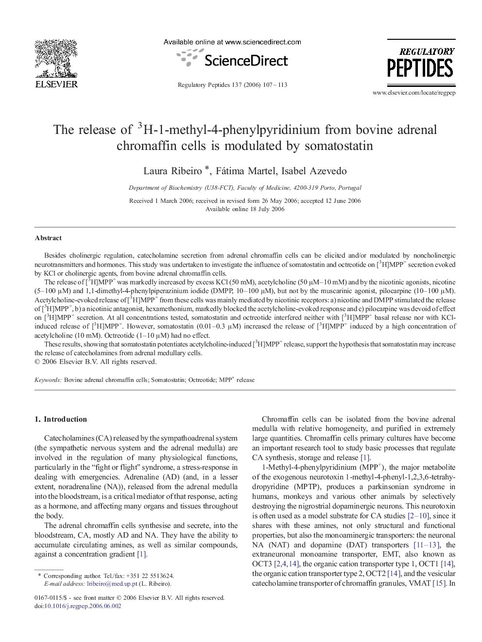 The release of 3H-1-methyl-4-phenylpyridinium from bovine adrenal chromaffin cells is modulated by somatostatin