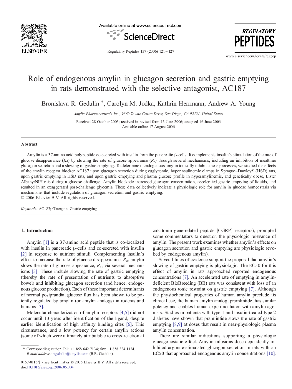 Role of endogenous amylin in glucagon secretion and gastric emptying in rats demonstrated with the selective antagonist, AC187