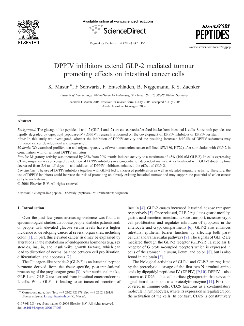 DPPIV inhibitors extend GLP-2 mediated tumour promoting effects on intestinal cancer cells