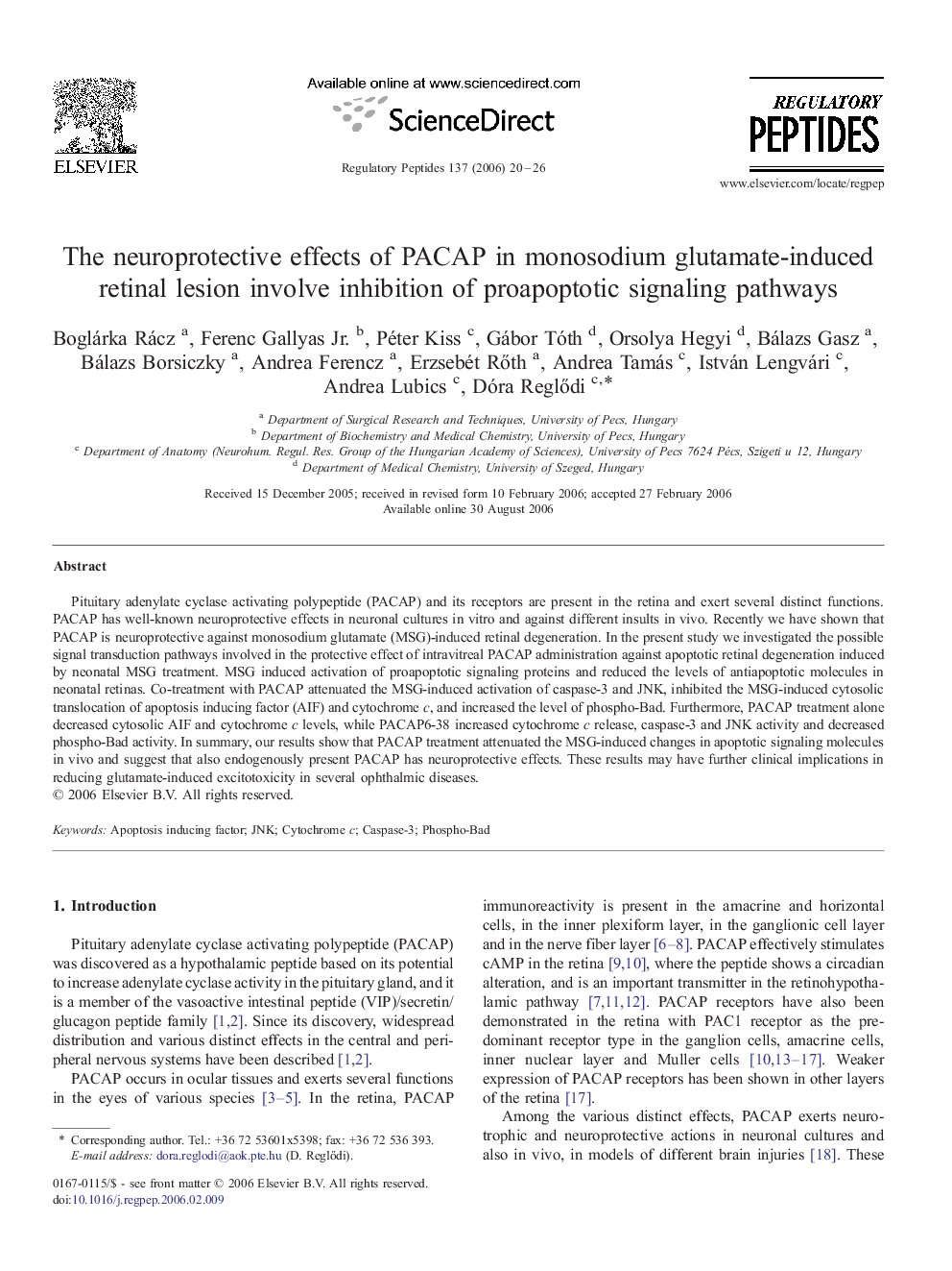 The neuroprotective effects of PACAP in monosodium glutamate-induced retinal lesion involve inhibition of proapoptotic signaling pathways