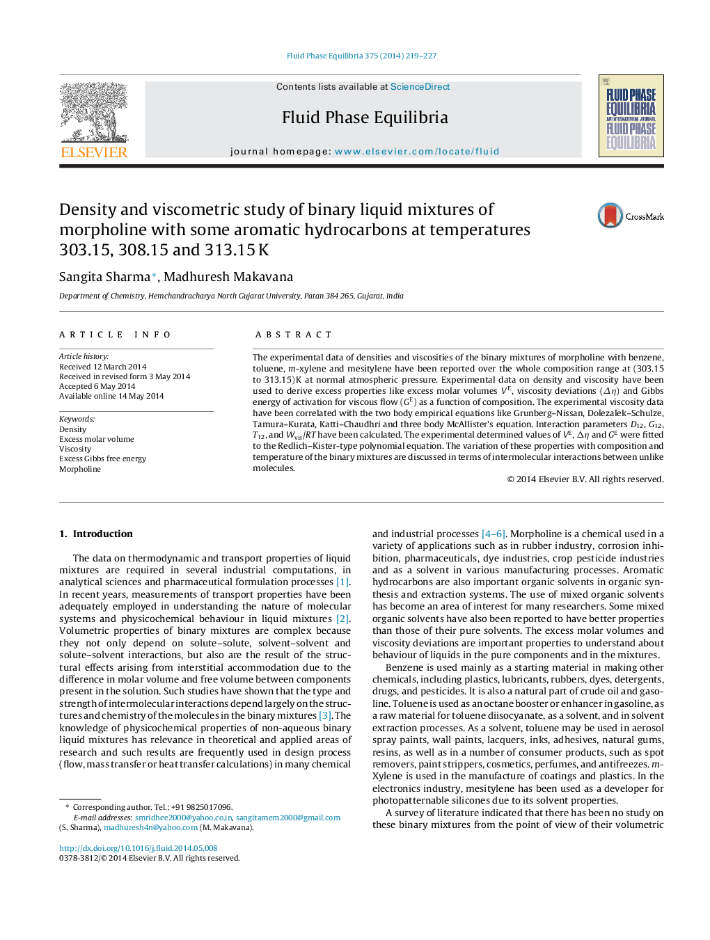 Density and viscometric study of binary liquid mixtures of morpholine with some aromatic hydrocarbons at temperatures 303.15, 308.15 and 313.15 K