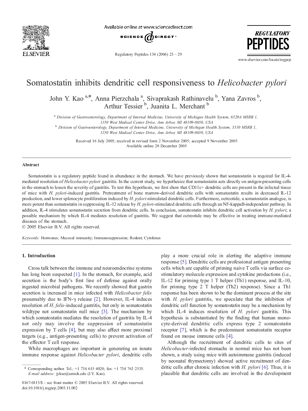 Somatostatin inhibits dendritic cell responsiveness to Helicobacter pylori