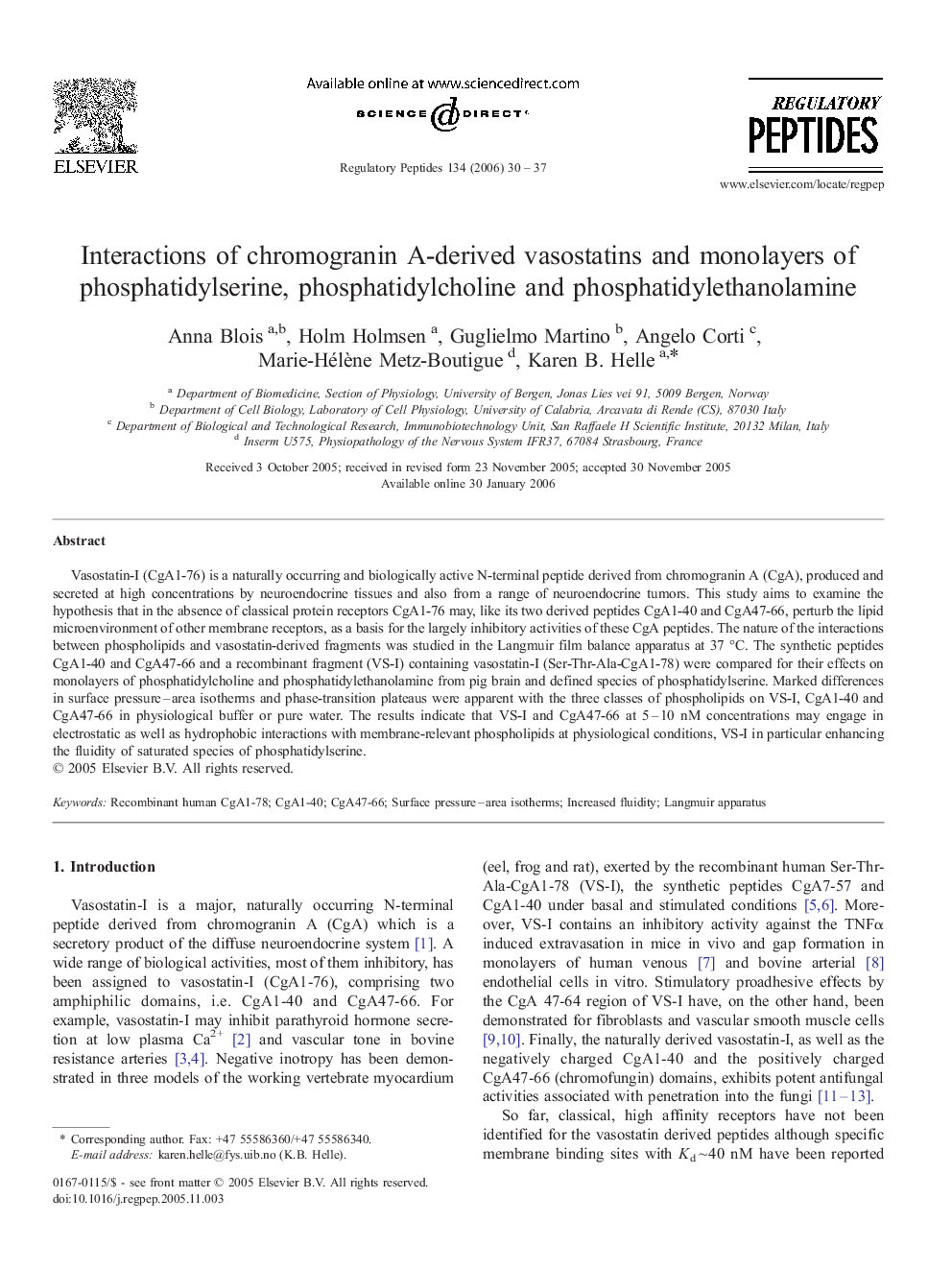 Interactions of chromogranin A-derived vasostatins and monolayers of phosphatidylserine, phosphatidylcholine and phosphatidylethanolamine