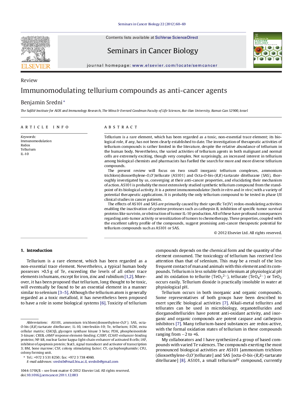 Immunomodulating tellurium compounds as anti-cancer agents