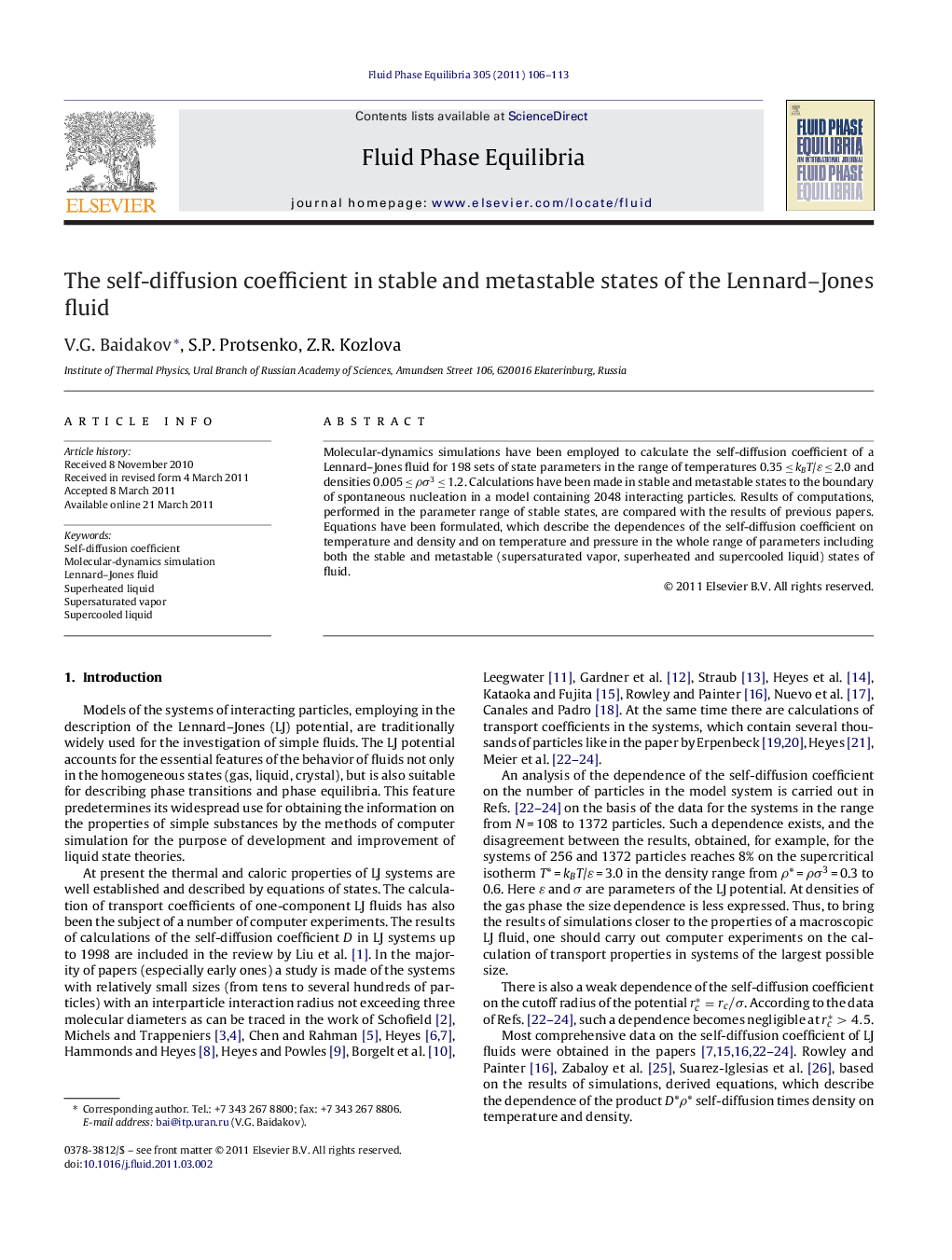 عکس صفحه اول مقاله: The self-diffusion coefficient in stable and metastable states of the Lennard–Jones fluid The self-diffusion coefficient in stable and metastable states of the Lennard–Jones fluid