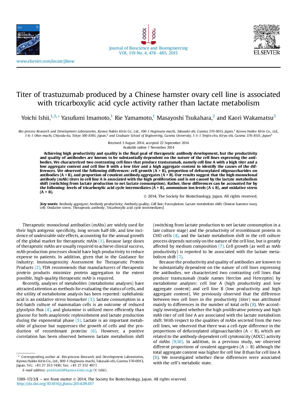 Titer of trastuzumab produced by a Chinese hamster ovary cell line is associated with tricarboxylic acid cycle activity rather than lactate metabolism