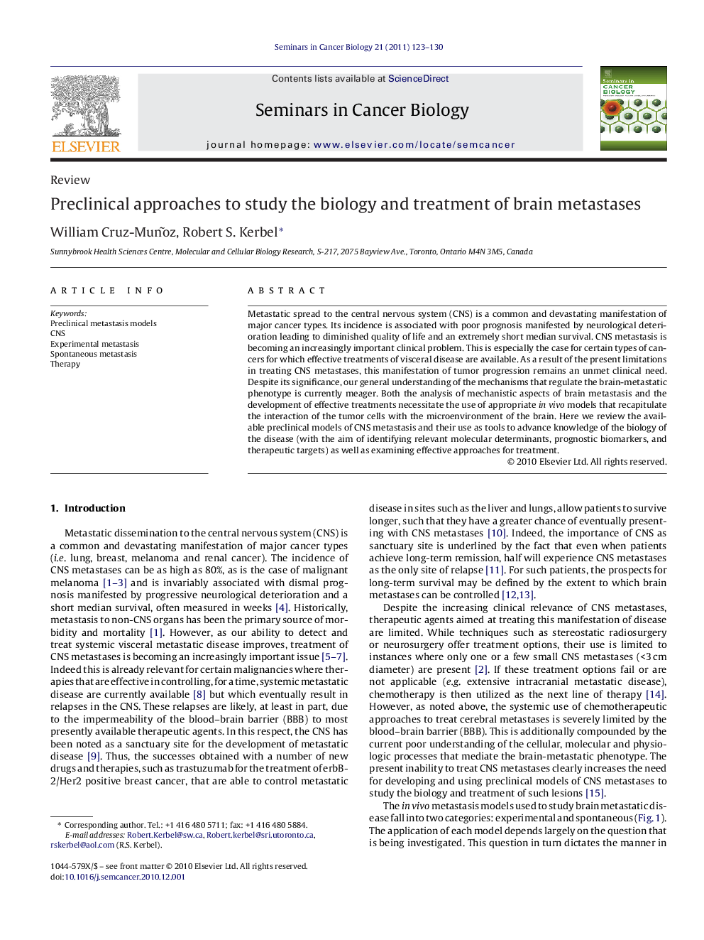 Preclinical approaches to study the biology and treatment of brain metastases