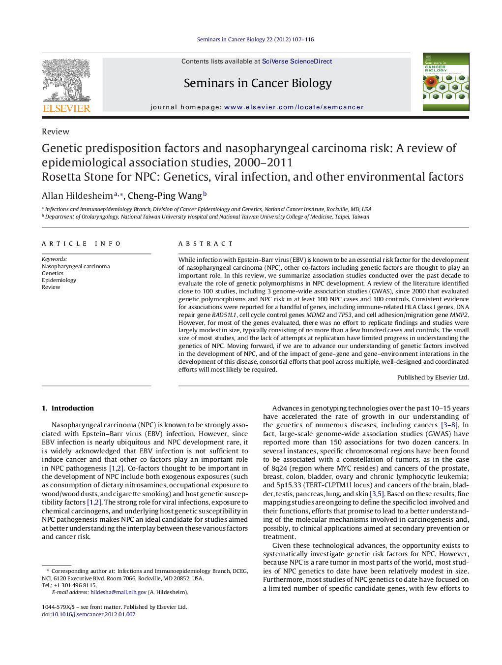 Genetic predisposition factors and nasopharyngeal carcinoma risk: A review of epidemiological association studies, 2000–2011: Rosetta Stone for NPC: Genetics, viral infection, and other environmental factors