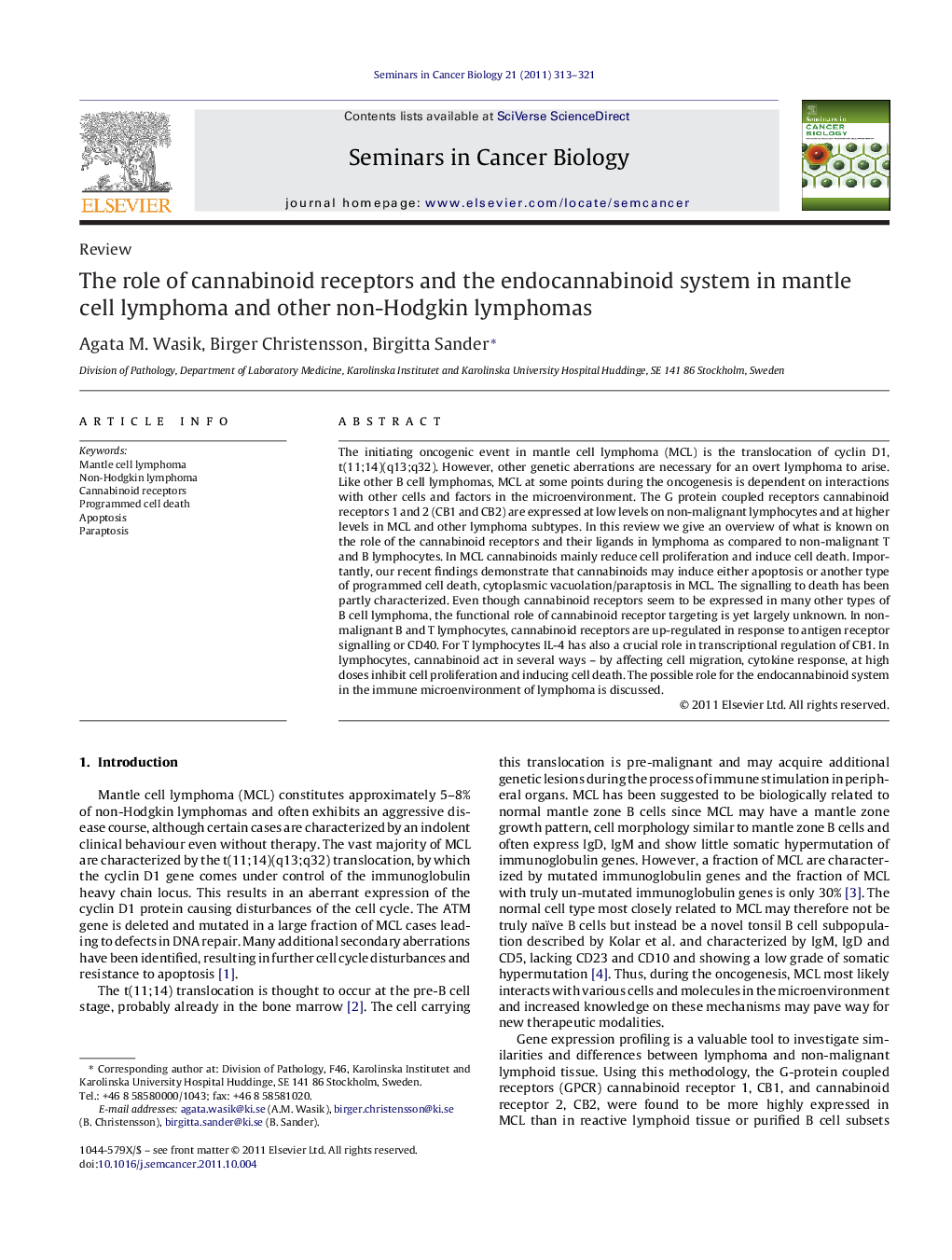 The role of cannabinoid receptors and the endocannabinoid system in mantle cell lymphoma and other non-Hodgkin lymphomas