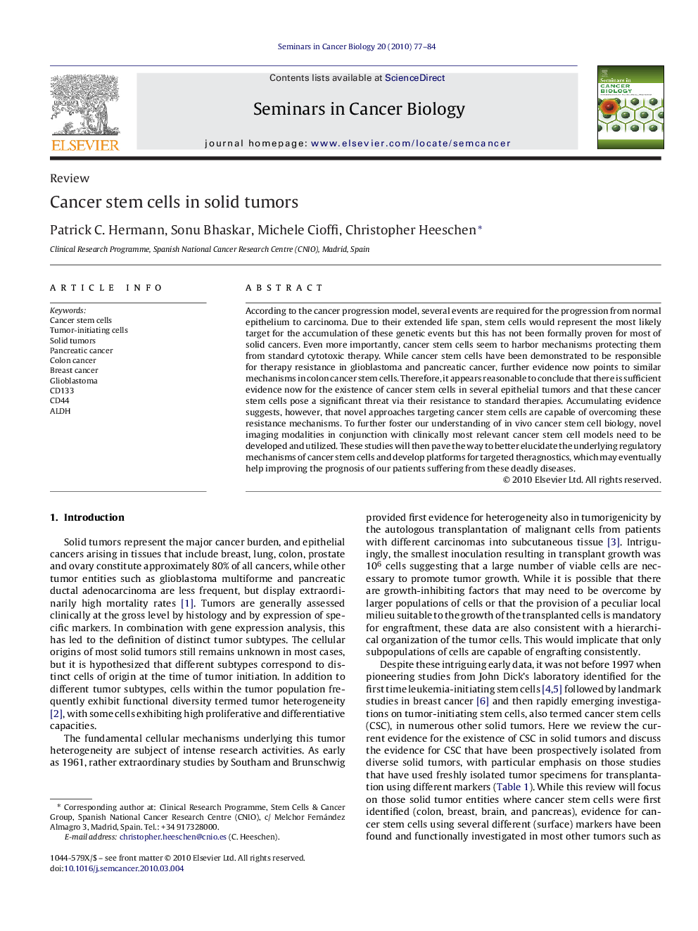 Cancer stem cells in solid tumors