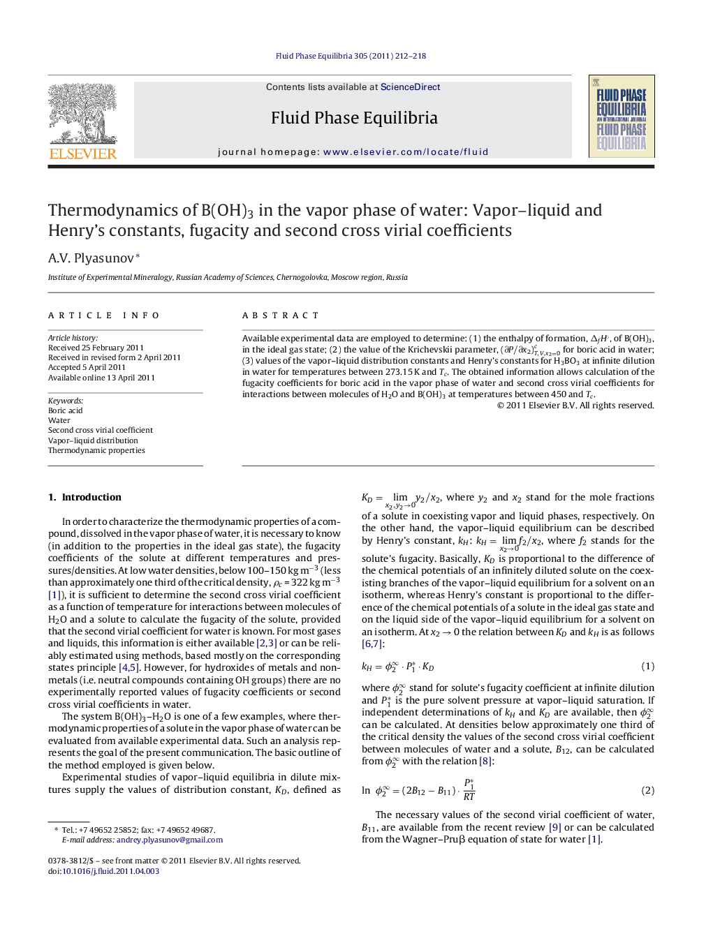 عکس صفحه اول مقاله: Thermodynamics of B(OH)3 in the vapor phase of water: Vapor–liquid and Henry's constants, fugacity and second cross virial coefficients Thermodynamics of B(OH)3 in the vapor phase of water: Vapor–liquid and Henry's constants, fugacity and second cross virial coefficients