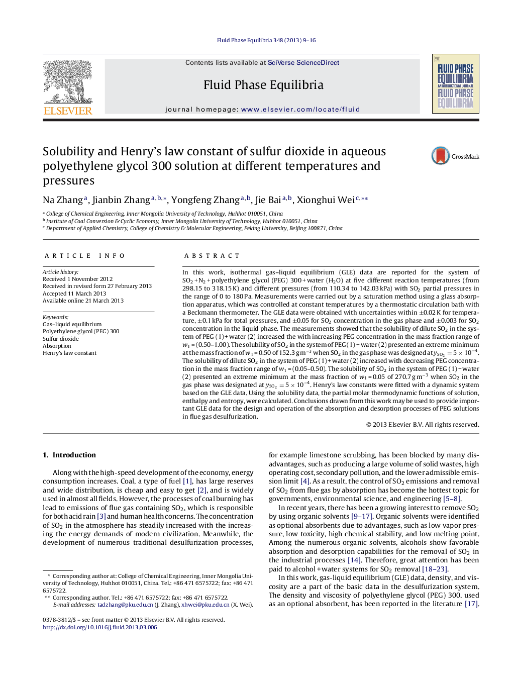 Solubility and Henry's law constant of sulfur dioxide in aqueous polyethylene glycol 300 solution at different temperatures and pressures