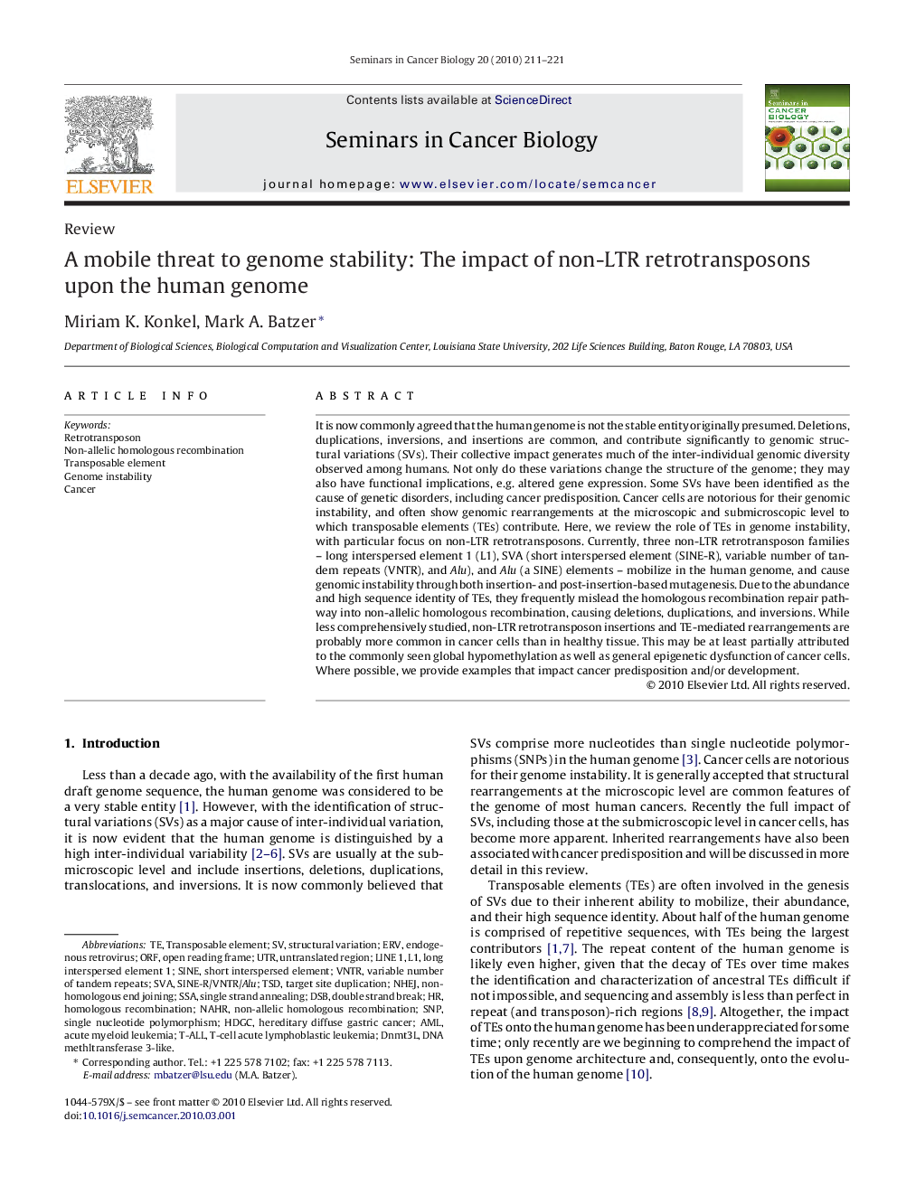 A mobile threat to genome stability: The impact of non-LTR retrotransposons upon the human genome