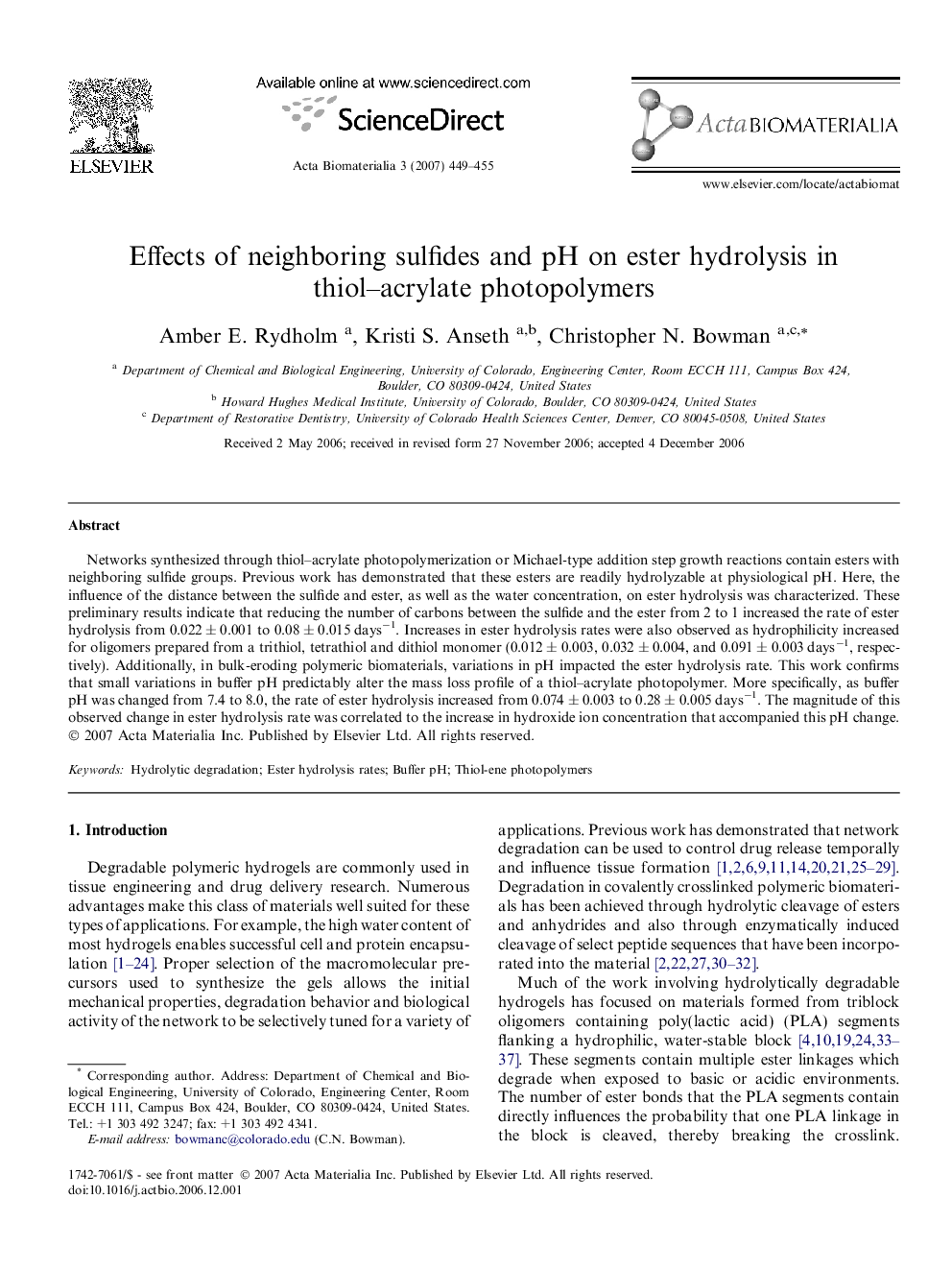 عکس صفحه اول مقاله: Effects of neighboring sulfides and pH on ester hydrolysis in thiol–acrylate photopolymers Effects of neighboring sulfides and pH on ester hydrolysis in thiol–acrylate photopolymers