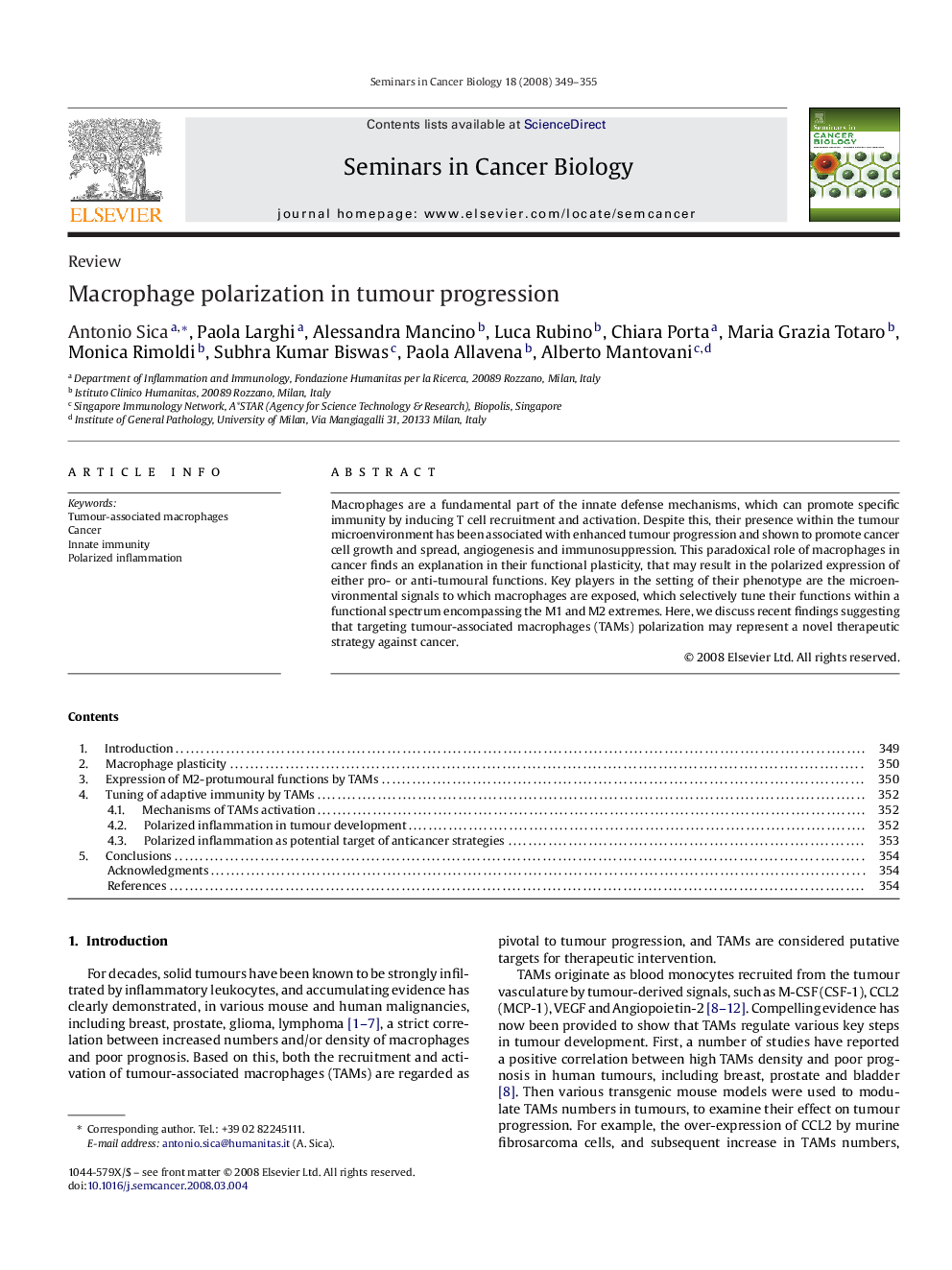 Macrophage polarization in tumour progression