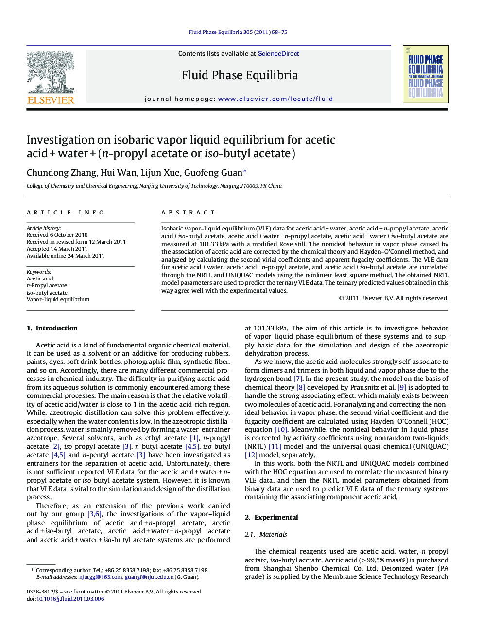 عکس صفحه اول مقاله: Investigation on isobaric vapor liquid equilibrium for acetic acid + water + (n-propyl acetate or iso-butyl acetate) Investigation on isobaric vapor liquid equilibrium for acetic acid + water + (n-propyl acetate or iso-butyl acetate)