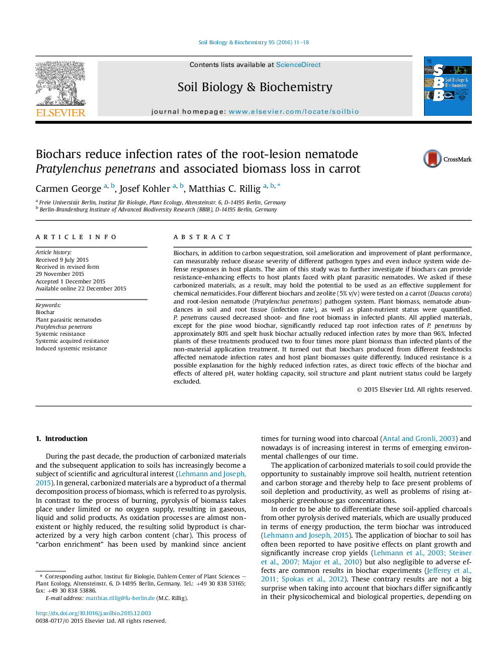 Biochars reduce infection rates of the root-lesion nematode Pratylenchus penetrans and associated biomass loss in carrot